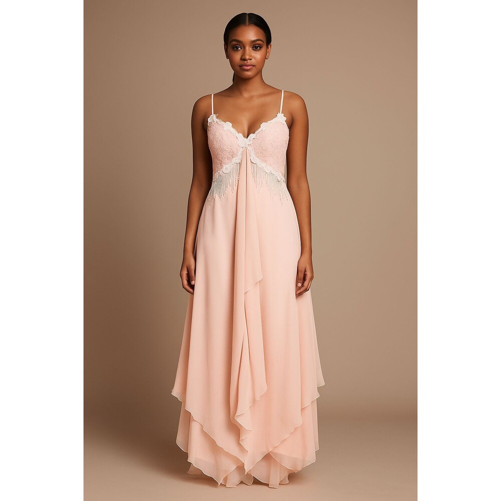 Vintage Loralie Pink Chiffon Dress 10 Babydoll Lacey Beaded Fairycore Ethereal